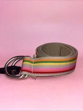 Buckle Striped Rainbow Fabric Belt with Double D-Ring Closure